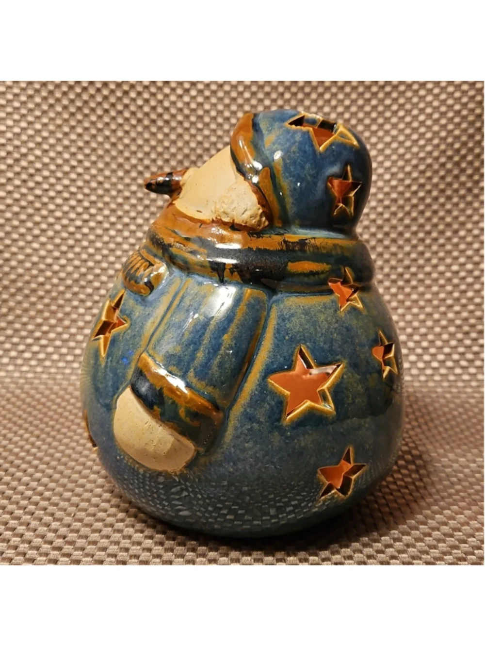 Blue and Brown Snowman Stoneware Handpainted Lantern Tealight Holder Stars